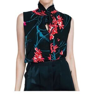 Sandra Angelozzi Floral Sleeveless Bow Tie Neck in Black & Red Size XS